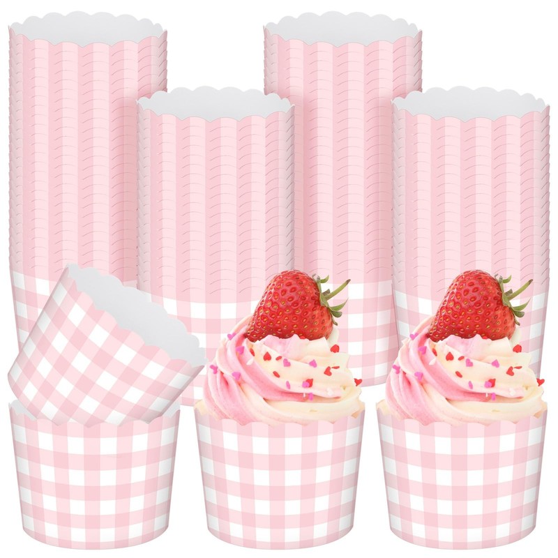 150 Pcs Pink Gingham Party Supplies 5 oz Ice Cream Cups Scalloped Gingham Cup…