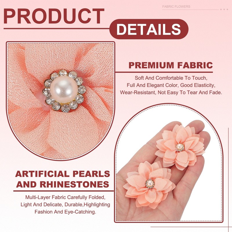 30Pcs 2" Fabric Flowers Rhinestone Pearls Sewing Fabric Flowers Light Orange gallery