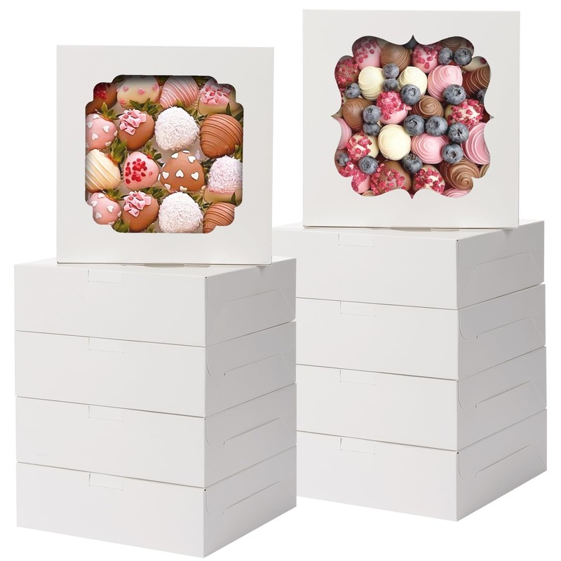 60pcs Cookie Boxes, 8x8x2.5 Inches Bakery Boxes with 2 Style Windows for Choc…