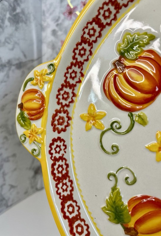 Temp-Tations Pumpkin Patch 14 inch Cake Serving Plate Orange Floral Fall Festive gallery
