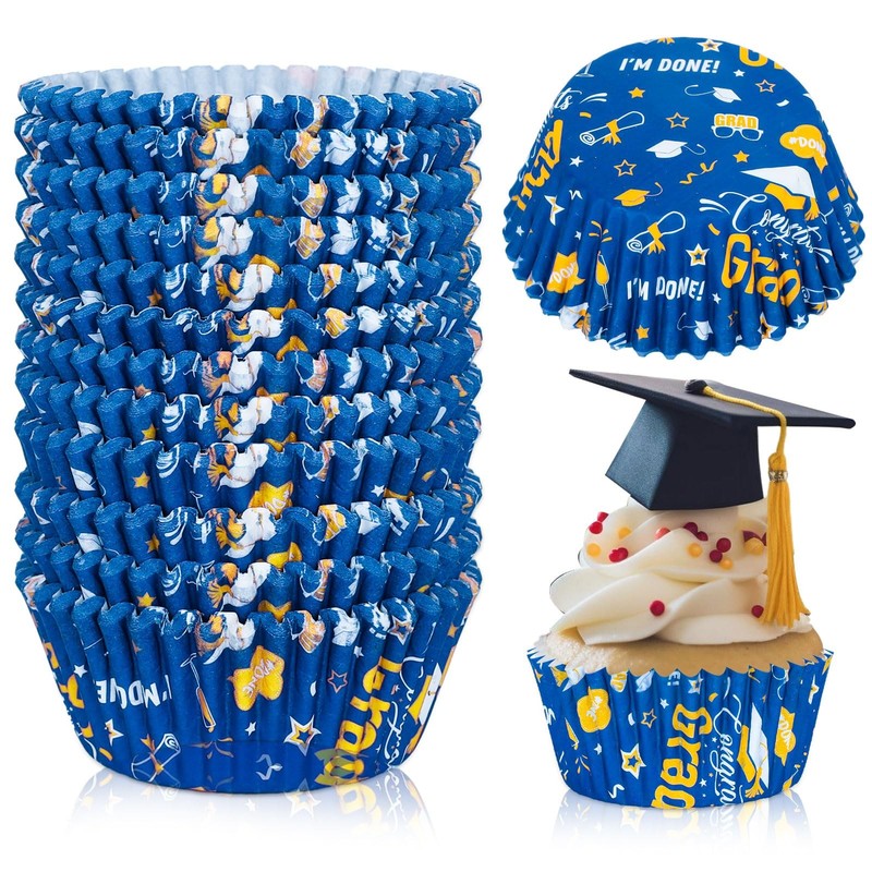 300 PCS Graduation Cupcake Liners Congrats Grad Paper Baking Cups Blue Gold