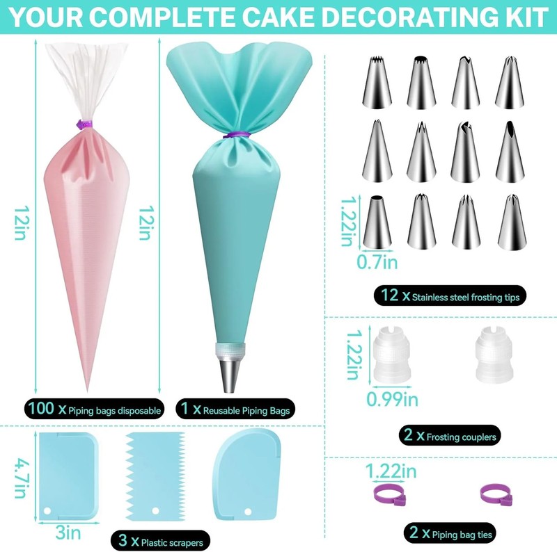 HOTEC Piping Bags and Tips Set, 120 Pcs Cake Decorating Kit with 100pcs 12 Inch gallery