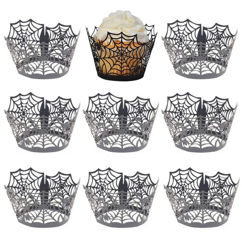 50 Pack Spiderweb Cupcake Wrappers, Laser Cut Liners, Halloween Party Decor