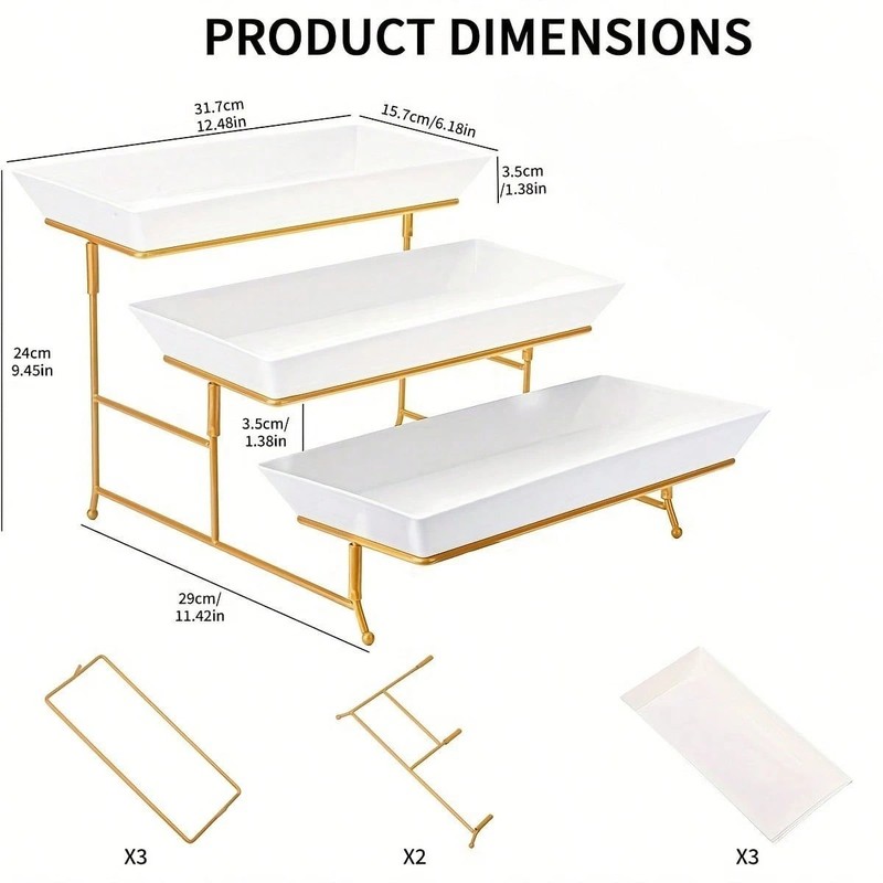 2PC 3 Tier Cake Stand Dessert Tray Set White Plates Gold Frame Foldable W Tongs gallery