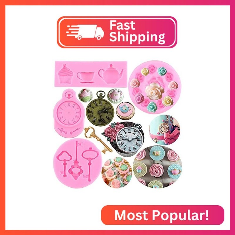 RFGHAC Tea Party Cake Mold Teapot Fondant Mold Vintage Key Clock Silicone Molds