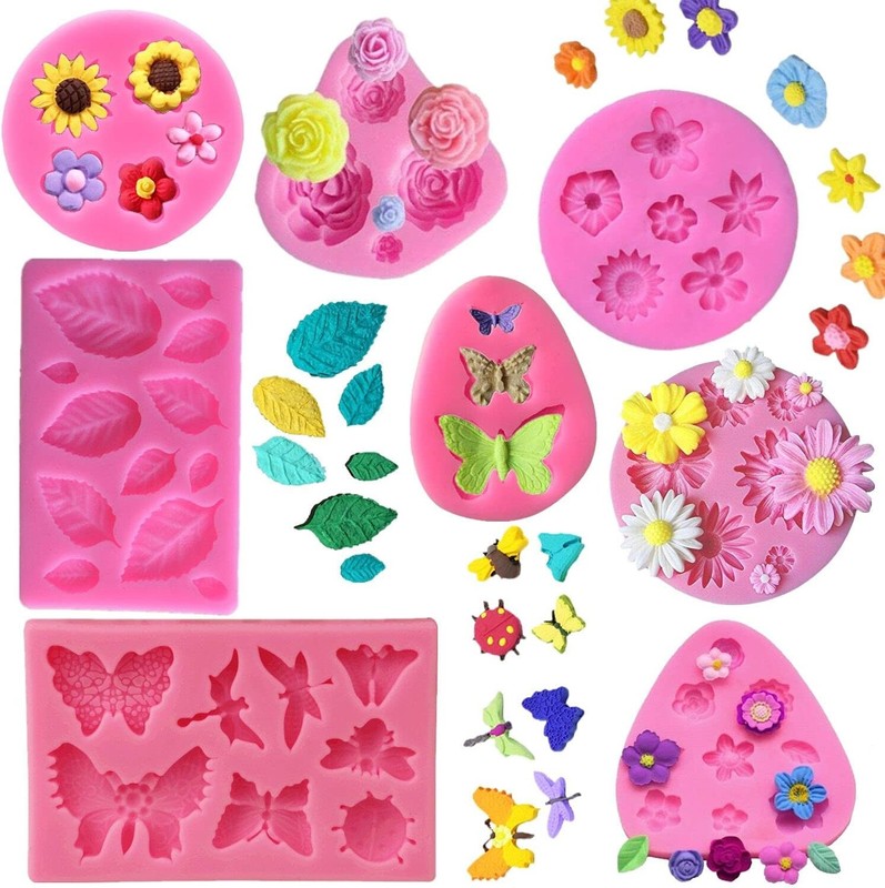 Silicone Cake Mold Set -8 Pcs, Rose Butterfly Daisy Rose Leaf and Mini Flowers