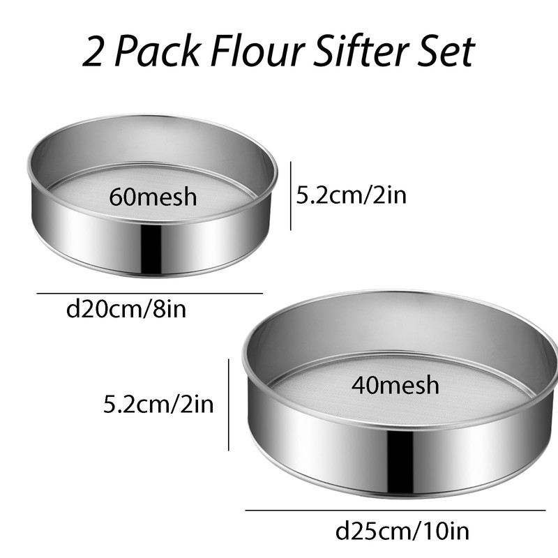 2 Pack Flour Sifter,Stainless Steel Fine 8"/60 mesh and 10"/40 mesh, Silver gallery