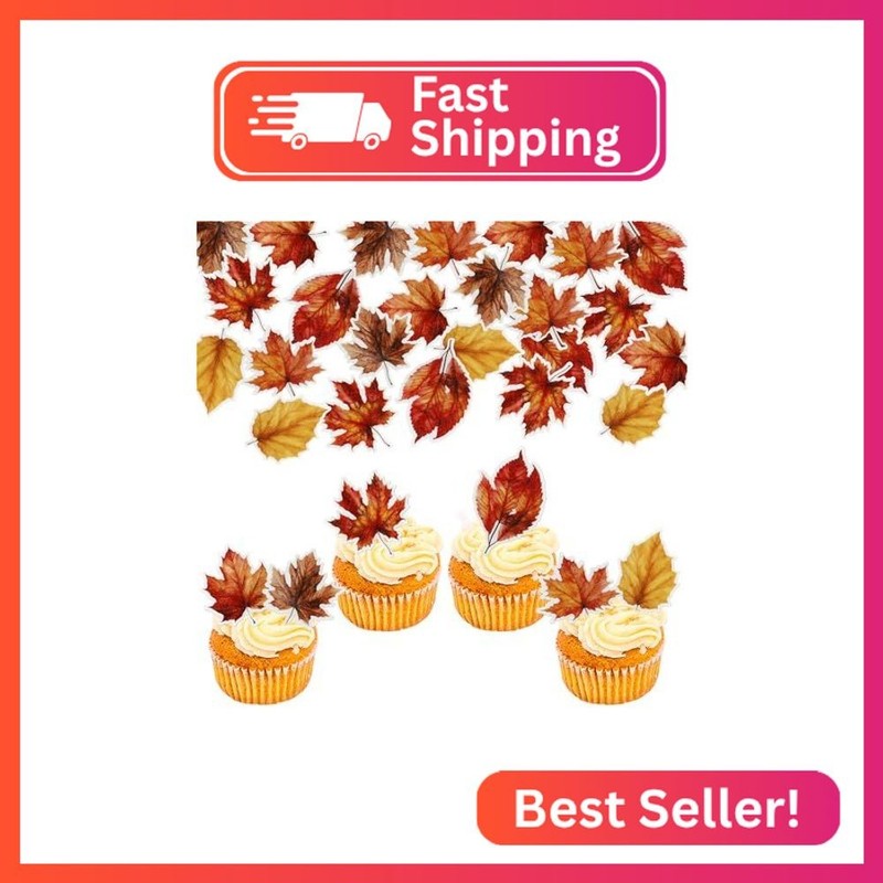 48 PCS Edible Edible Fall Leaves Cupcake Toppers Wafer Paper Autumn Maple Leaves