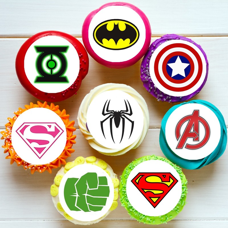 Superhero Logo Pre-cut Edible Icing Image Cupcake or Cookie Toppers