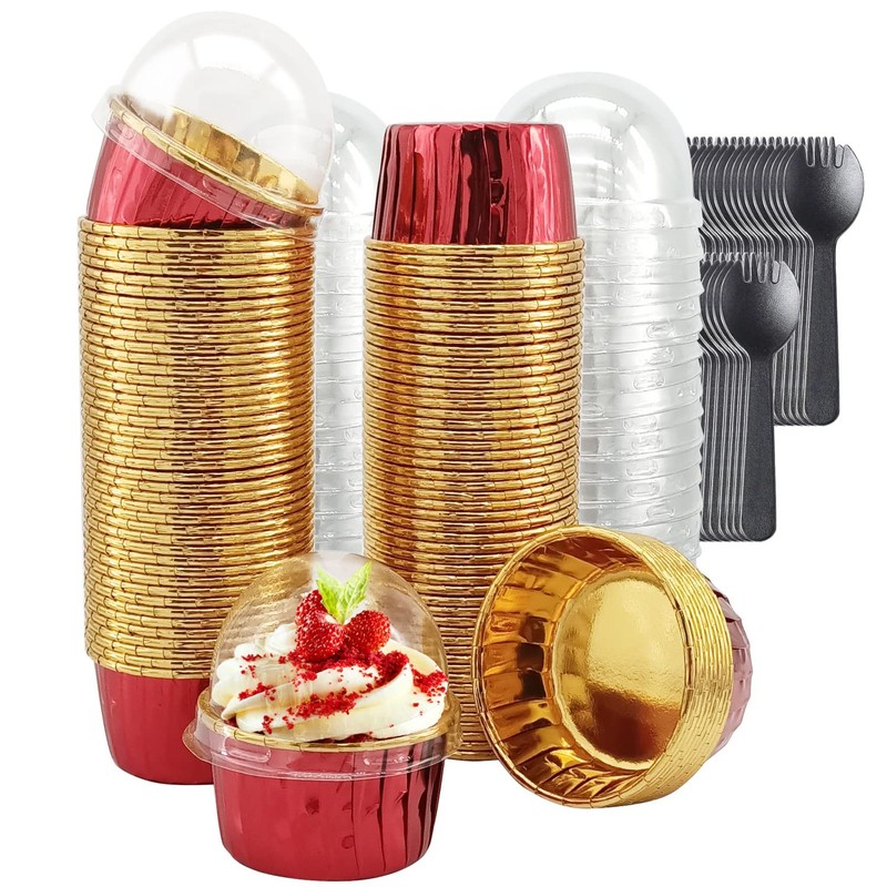Foil Cupcake Liners with Dome Lids 100Pack,3.5Oz Cups for Baking,Disposable R…