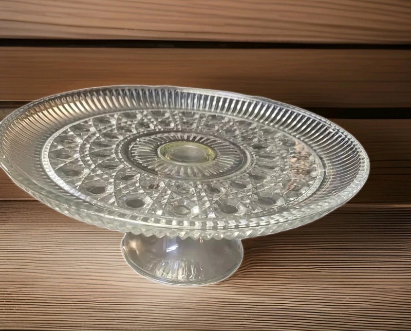 Federal Glass Dessert Platter On Pedestal Button & Cane Pattern 11″ X 4.5″ Tall