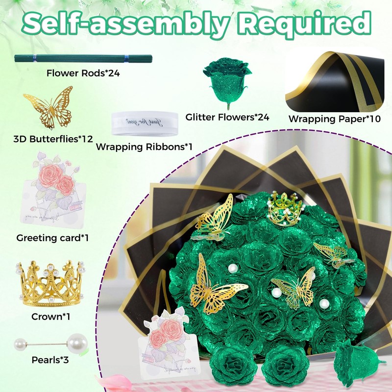 Suryushi Dark Green Glitter Roses Bouquet 24 Pcs Shiny Glitter Flowers Bouquet gallery