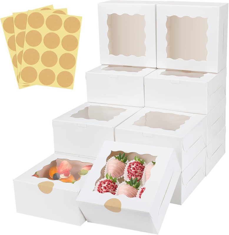 60 Pcs Bakery Boxes With Window 6″x6″x3″ White Cookie Pastry Packaging