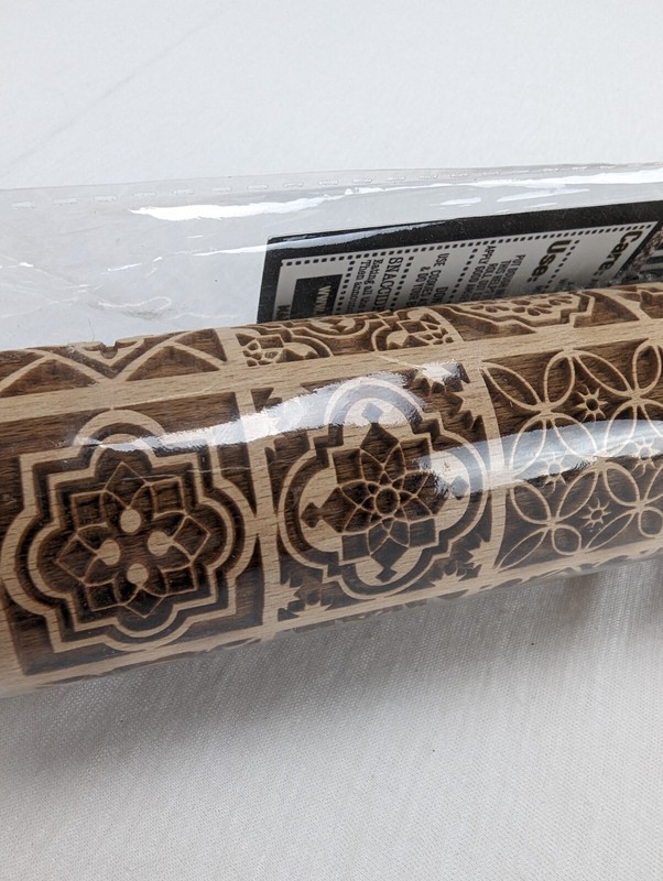 Gia Roma Beech Wood Rolling Pin & Cookie Cutter Boho Squares Handmade New gallery