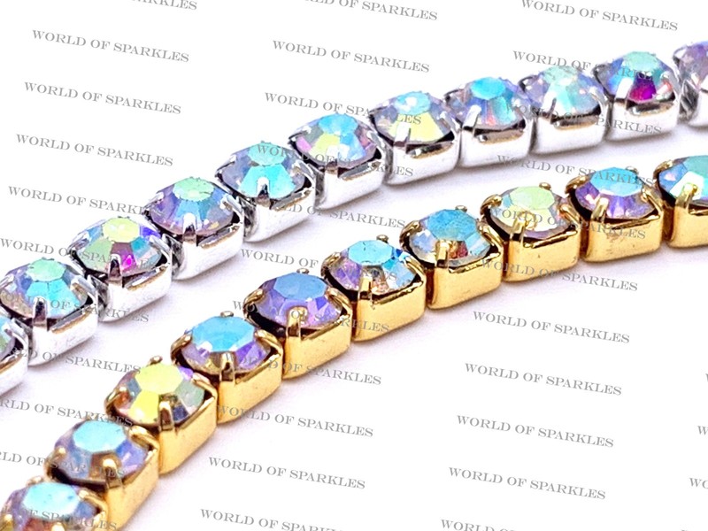 1 Metre Diamante/Rhinestone AB Rainbow Crystal Chain Silver & Gold Base UK gallery