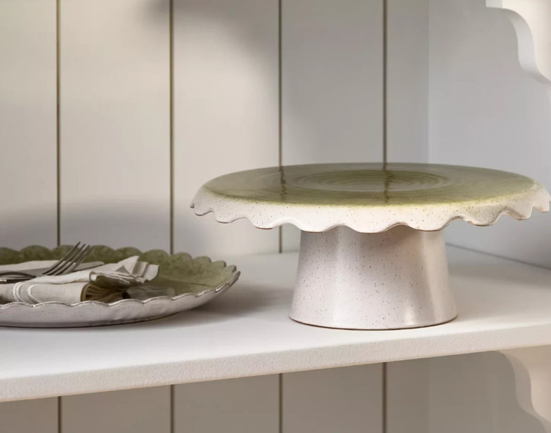 Anthropologie Ruffle Reactive Glaze Stoneware Cake Stand Plate 12" Green NEW gallery