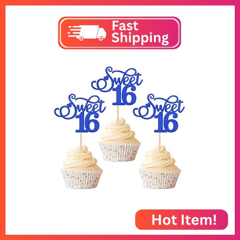 Rsstarxi 30 Pack Sweet 16 Cupcake Toppers Glitter Love Heart Cheers to 16 Cupcak