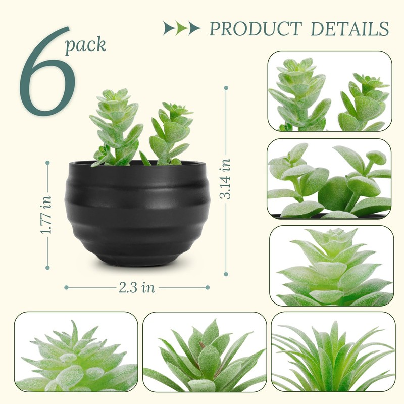 Der Rose 6 Pack Fake Succulents Plants in Black Pots 3.14"H × 2.3"W, gallery
