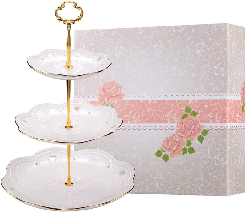 3-Tier Porcelain Embossed Cupcake Stand - Pure White Rimmed with Gold Dessert Ca gallery