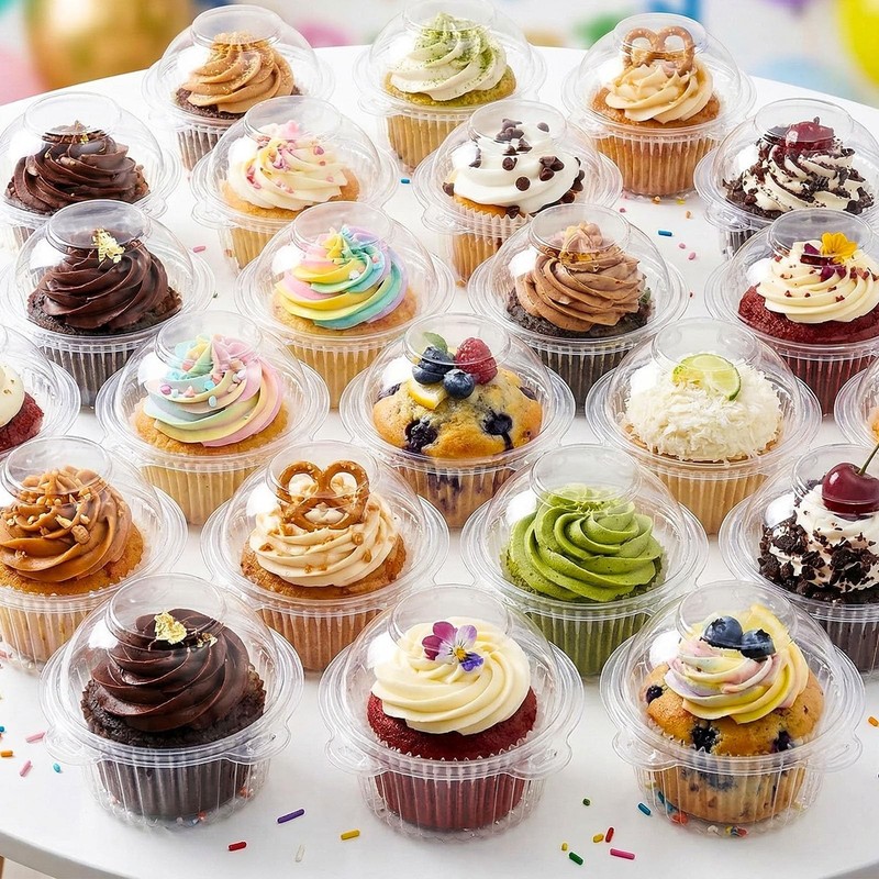 Recipientes individuales para cupcakes con tapa, de plástico transparente.