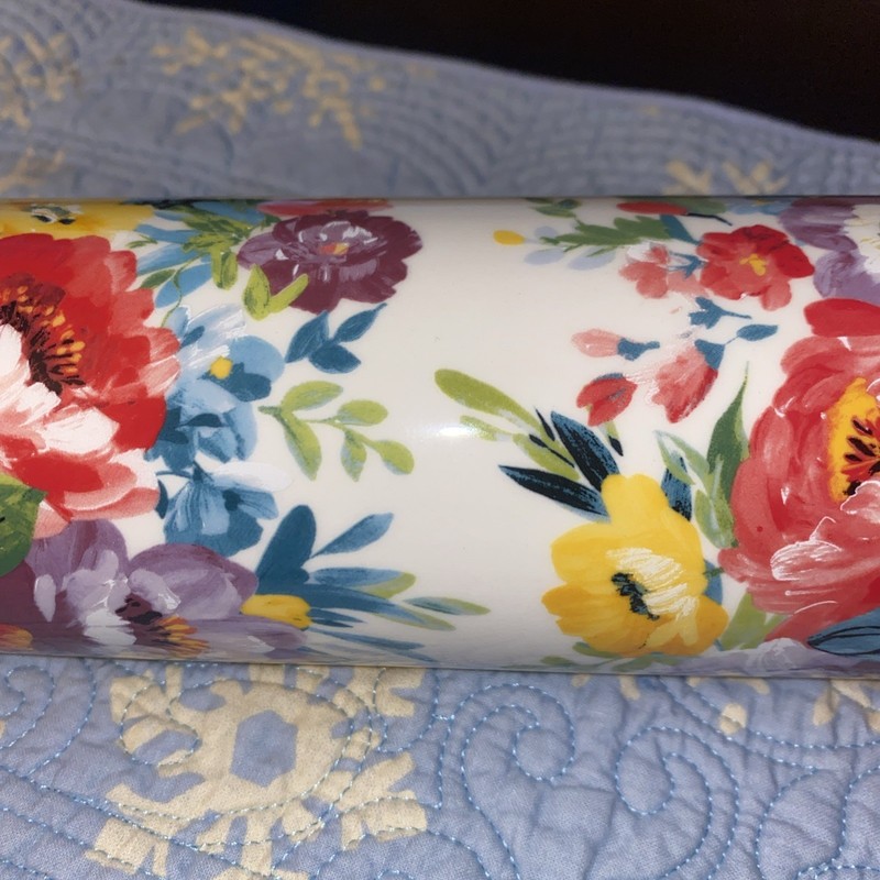 Pioneer Woman Ceramic Rolling Pin Sweet Romance Blossoms Pink Acacia Wood Handle gallery