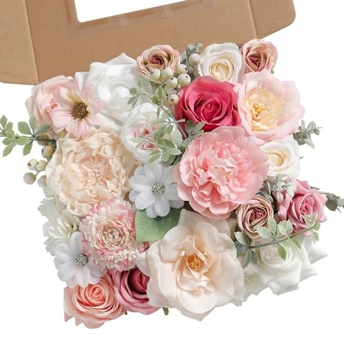 Artificial Flowers Combo Set Fake Flower Leaf Box with Stems for Light Pink
