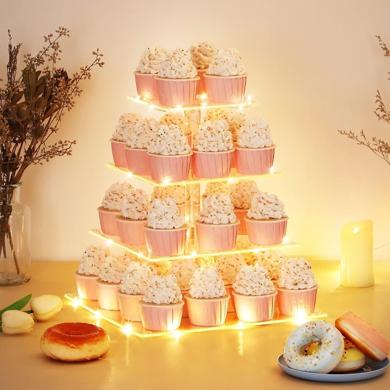 4 Tier Cupcake Stand with LED String Light, Acrylic Cupcake Display Stand, Sq... gallery