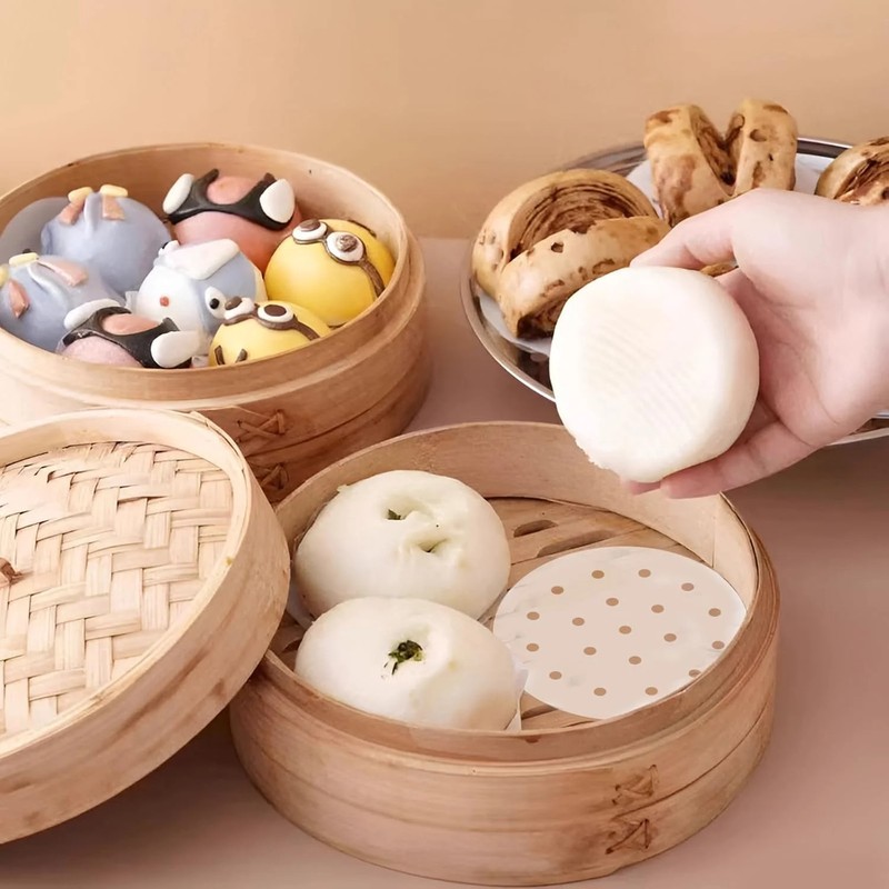 400 Pcs Air Fryer Liners, 4 inches Bamboo Steamer Liners, Parchment Steaming gallery