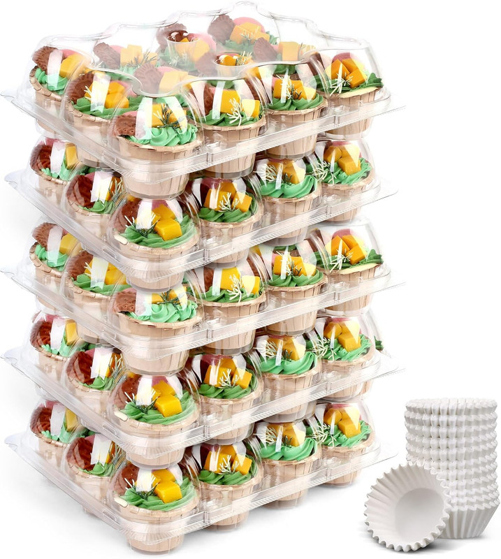 (12 Count X 5 Sets) Cupcake Containers with 60 Liners, Plastic Stackable Cupcake