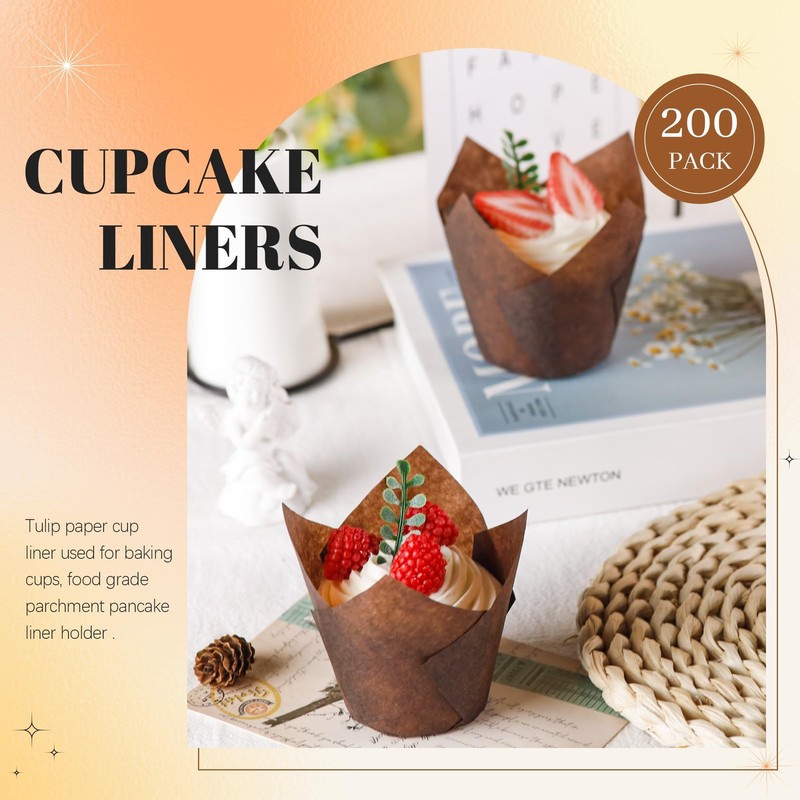 200 PCS Brown Tulip Cupcake Liners Muffin Baking Greaseproof Wrappers Std gallery