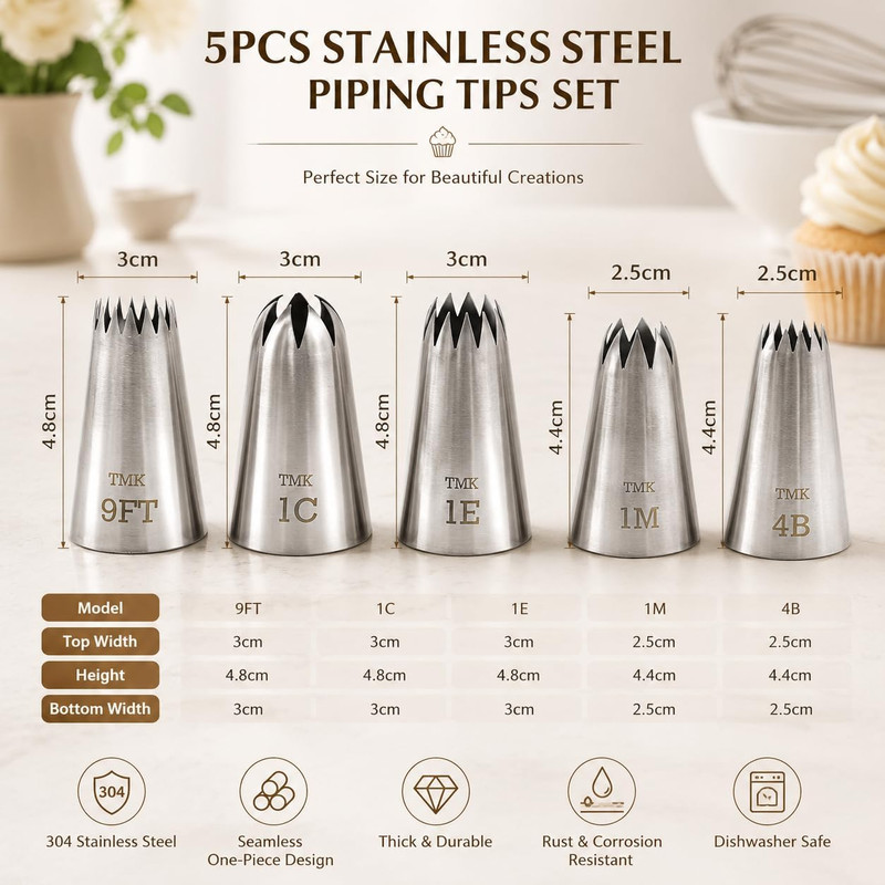 5 Pack Stainless Steel Seamless Piping Icing Tips #9FT 1C 1E 1M 4B, Large Star gallery