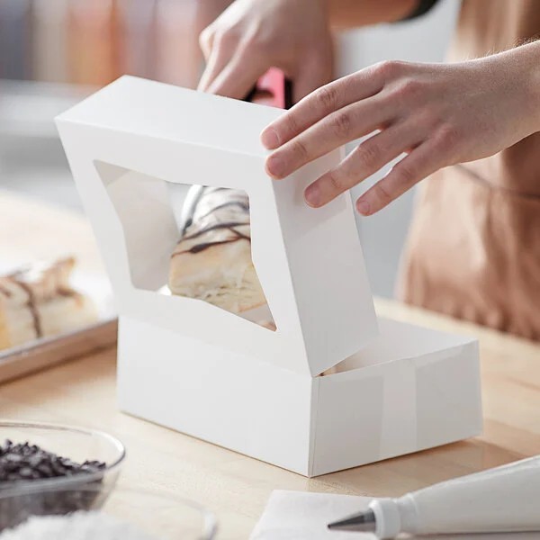 50 Pieces White Customizable Auto-Popup Window Cake/Bakery Box 8"x5 3/4"x2 1/2" gallery