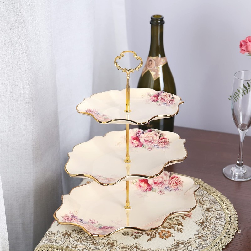 3-Tier Floral Royal Cupcake Stand, Vintage Fruit Plate with Gold Trim, Desser... gallery
