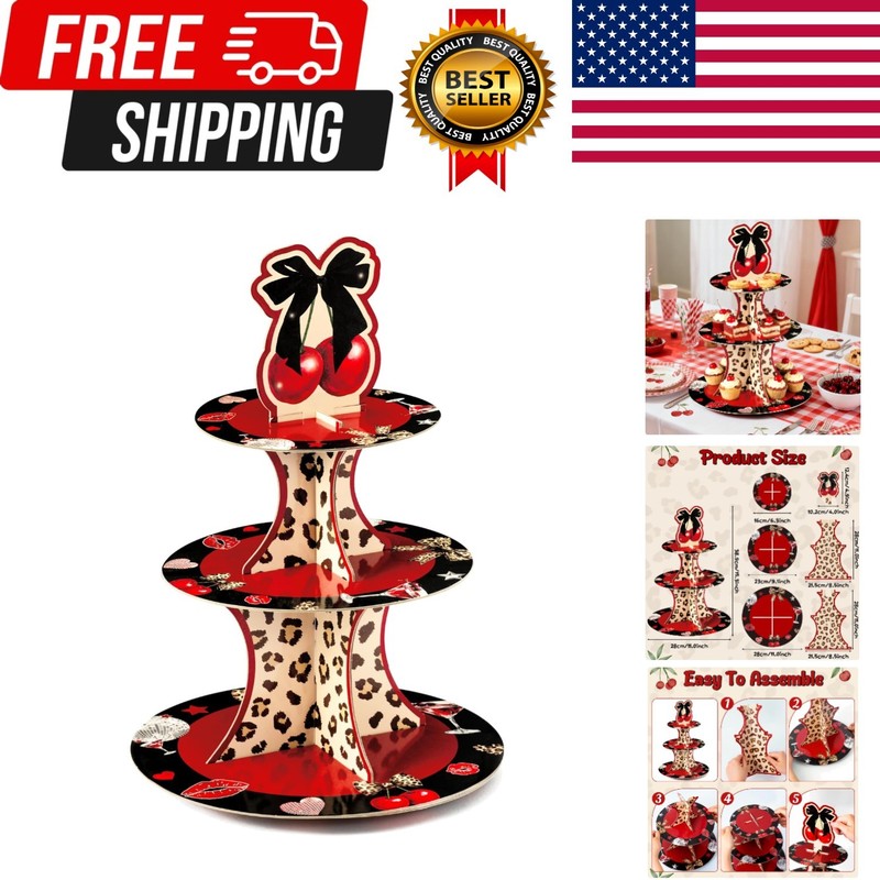 Cheetah Cherry Cupcake Stand – 3 Tier Red Cherry Bow Leopard Print Cupcake To…