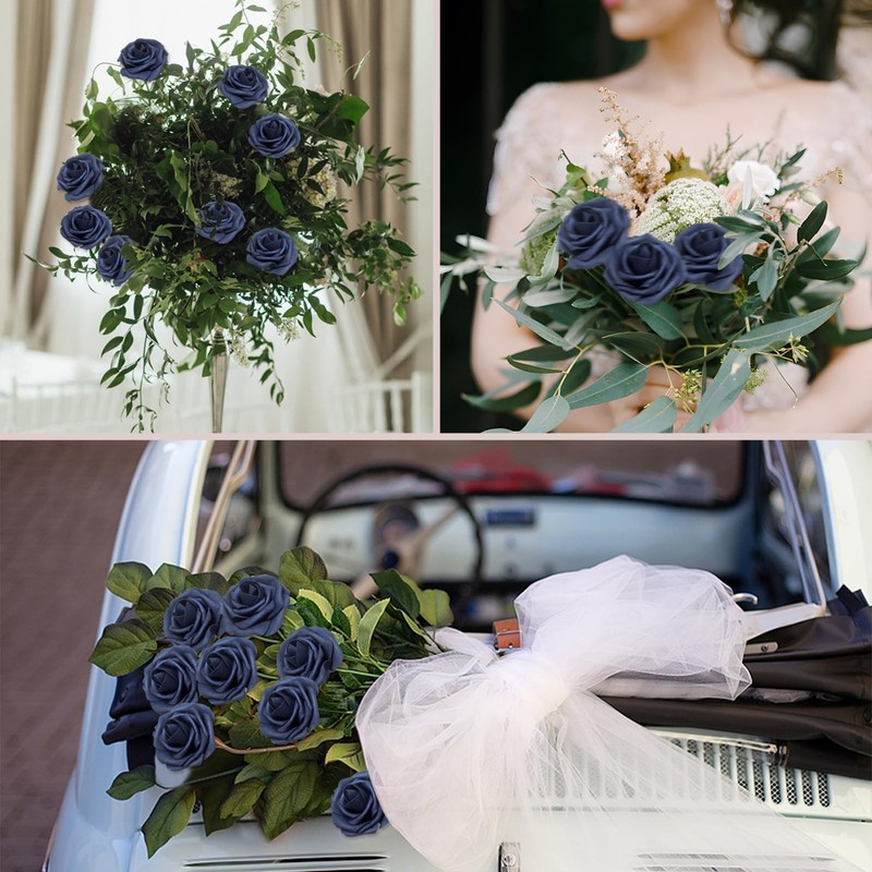 WANTMAZOR 100pc Navy Blue Artificial Foam Roses Fake Flowers Real Looking gallery