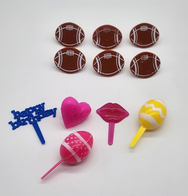 Plastic Cupcake Rings Toppers Lot of 11 Football, Easter, Valentines, Kiss gallery
