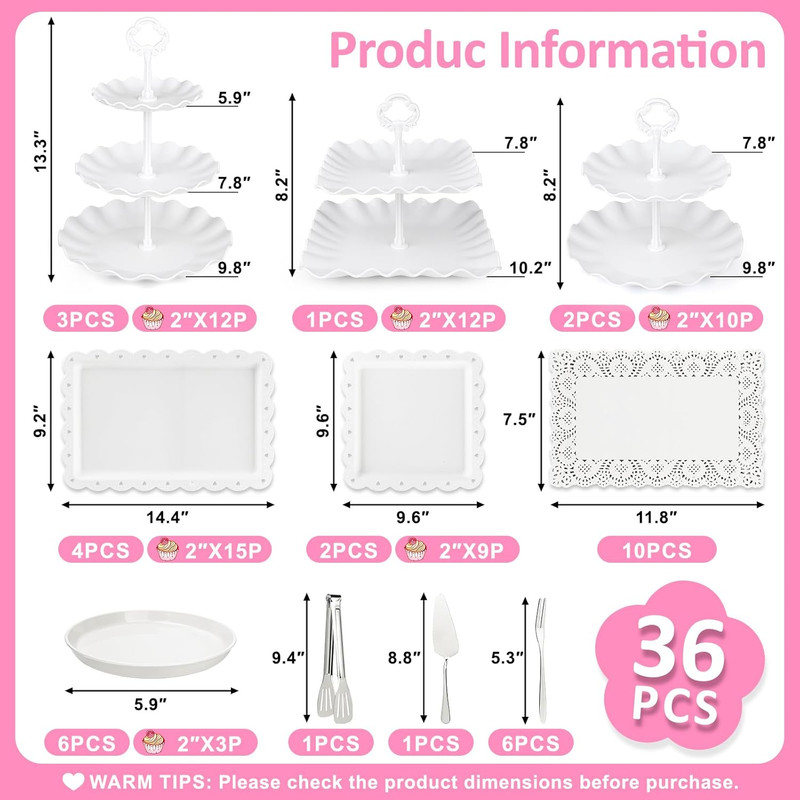 36 Pack Cupcake Stand Dessert Table Display Set 3-2 Tiered Tray Stand & Cupcake