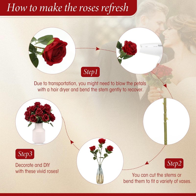 Hotop 40 Pcs Fake Rose Artificial Flowers Bulk, Long Stem Silk Realistic gallery