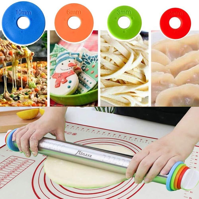 Rolling Pin and Silicone Baking Pastry Mat Set Stainless Steel Dough Roller w... gallery