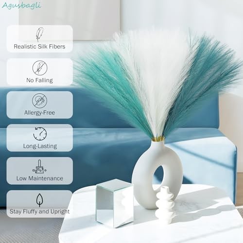 pcs Blue Faux Pampas Grass Decor, 21.6in 30 Teal Blue & White & Deep Blue gallery