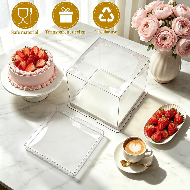 6 Pack Clear Cake Box with Ribbon - 10 X 10 X 9.75 Inch Tall PET Cake Carrier Bo gallery