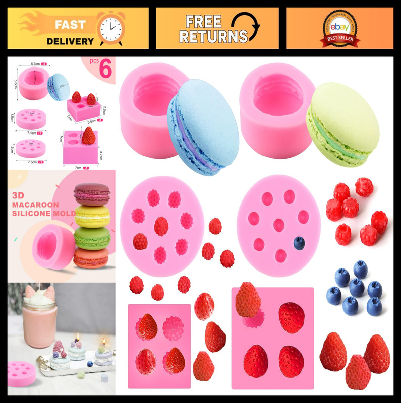 6 Pcs 3D Fruit Silicone Molds – Strawberry, Macaron, Blueberry – Flexible Non-St
