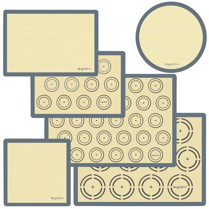 Silicone Baking Mat Set of 6, Half size+Quarter size+Round+Sqaure, Brown
