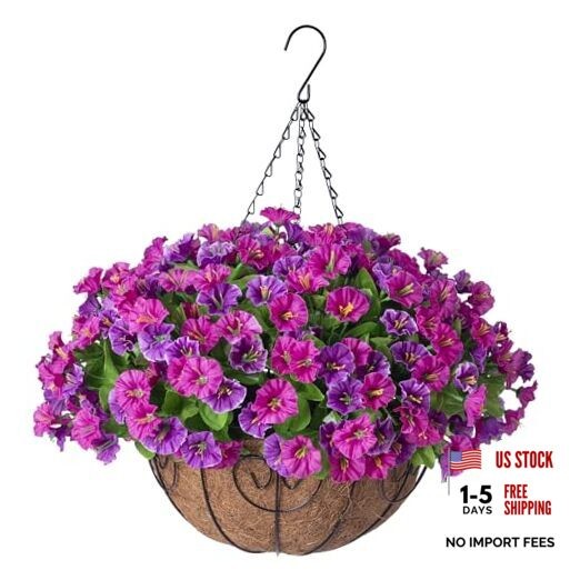 Artificial Hanging Flowers with Basket, Faux Silk Petunias Lotus and Fuchsia