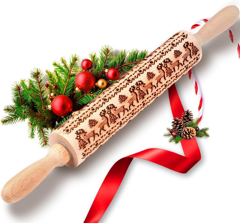 Stocking Stuffers Gifts for Women, Wooden Embossed Rolling Pin for Baking, Deep