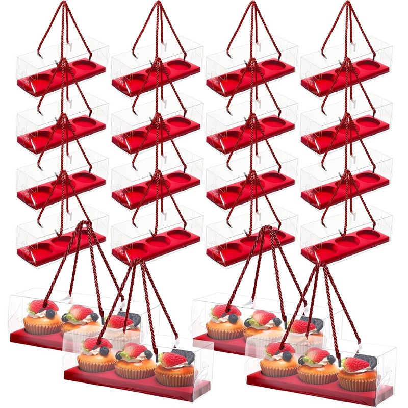 20 PCS Red Plastic Cupcake Boxes 9x3x3 Inches Muffin Pastry Carrier Dessert