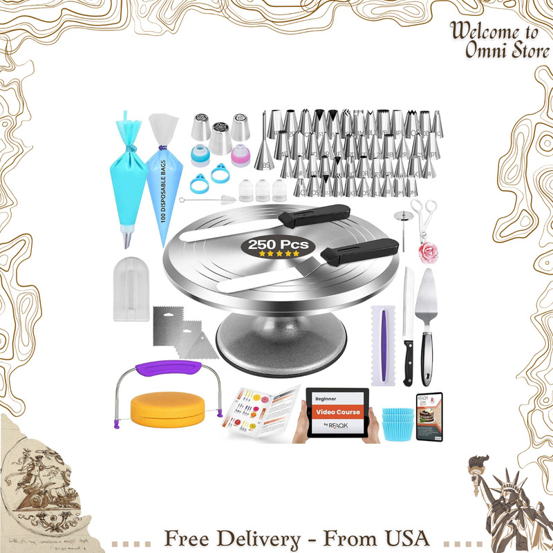 250-Piece Cake Decorating Kit with 12″ Metal Turntable & Baking Tools