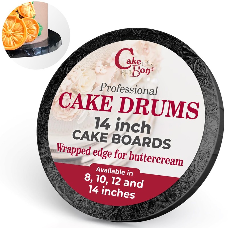 6-Pack 14 Inch Black Cake Boards, 1/2 Thick Drums, Sturdy, Fully Wrapped Edges