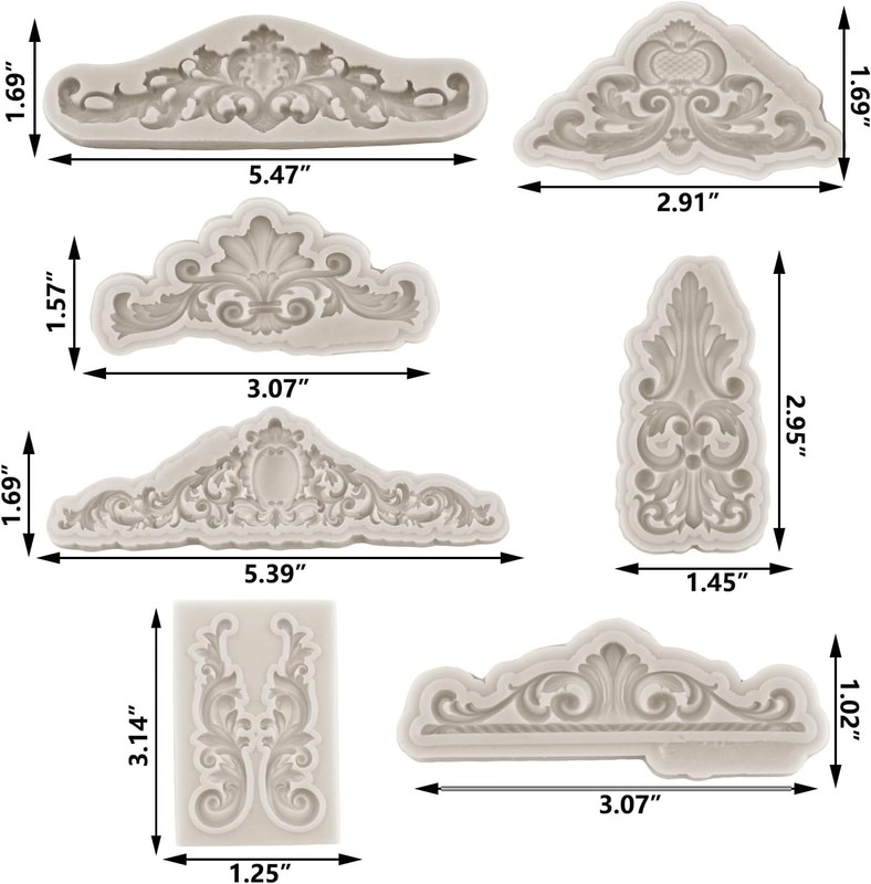 Baroque Scroll Lace Fondant Silicone Mold – 7pcs Cake Cupcake Candy Mold Set gallery