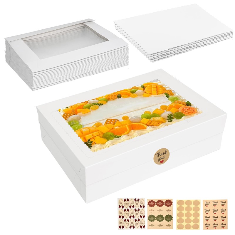 6pcs Cake Boxes with Cake Board, 19x14x4.5 Inches White Bakery Boxes with Lar…